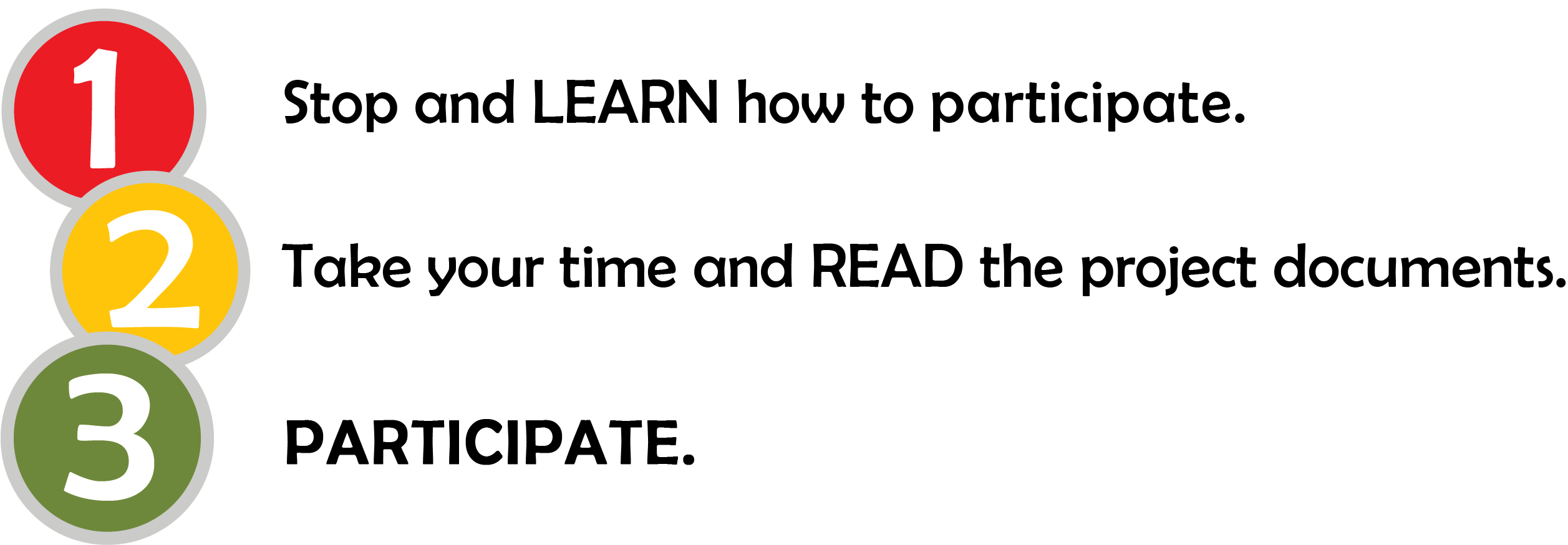 1 Stop and LEARN how to participate. 2 Take your time and READ the project documents. 3 PARTICIPATE.