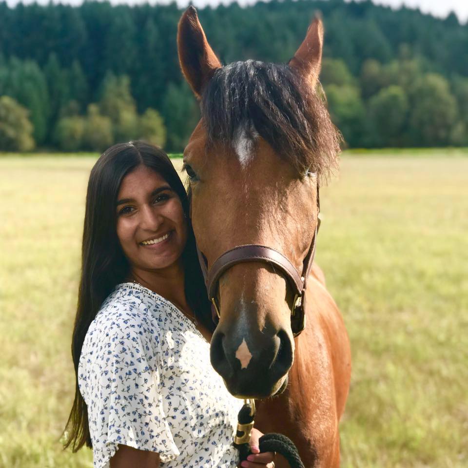 Woman holding reins of horse. 