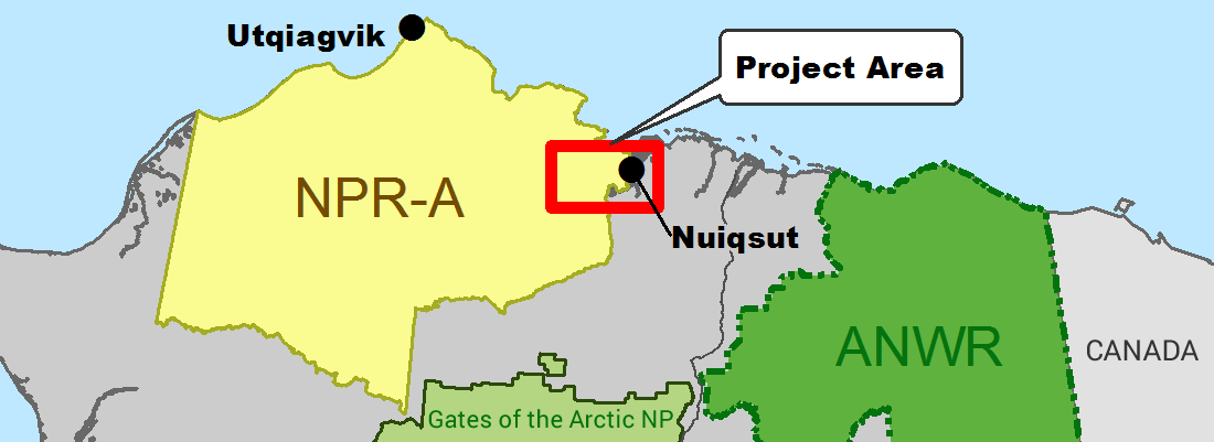 Map of the North slope of Alaska showing where the WIllow project area is located withing the boundaries of the NPR-A