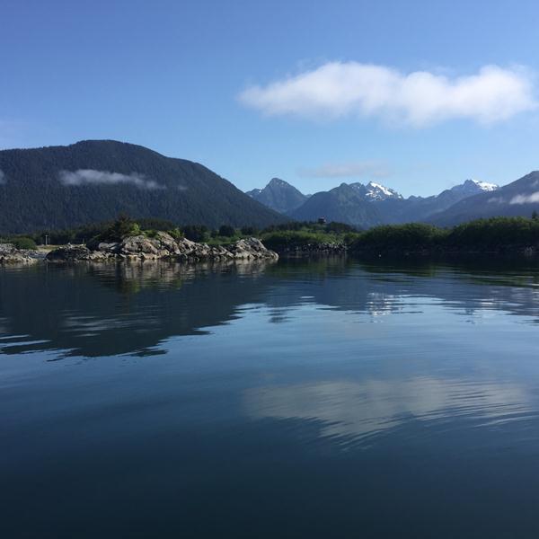 Scenic photo of Whiting Harbor with calm waters and green forested mountains in the background.