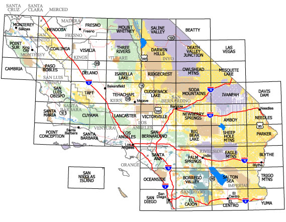 Map of southern California shows the names of Surface Management Maps for sale in our Public Room.