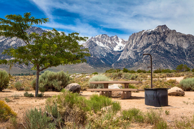 Basic campground at the base of the snow capped Sierra Nevadas. Photo by Jesse Pluim/BLM.