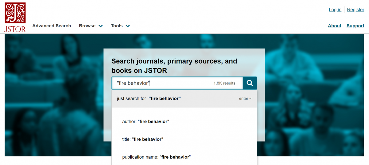 An example of the JSTOR search function showing the search term fire behavior in quotations