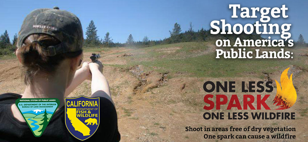 A woman aims a pistol at a target.  Target Shooting on America's Public Lands, One Less Spark, One Less Wildfire.  Shoot in area free of dry vegetation.  One Spark an cause a wildfire.  Photo by BLM).