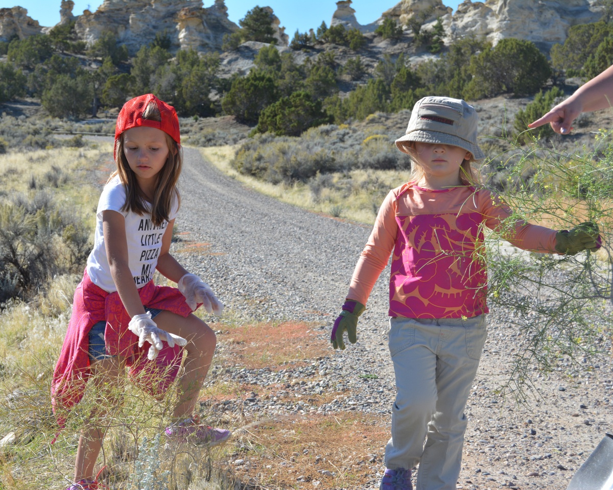 two small girls clear branches from road.