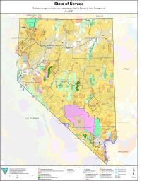 Map of the state of Nevada showing surface management polygons, including district and field office boundaries, HMA, and other agency jurisdictions.