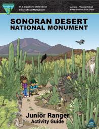 The cover of the Sonoran Desert National Monument junior ranger book shows an illustration of a desert landscape with plants and animals. Two children explore the scene.