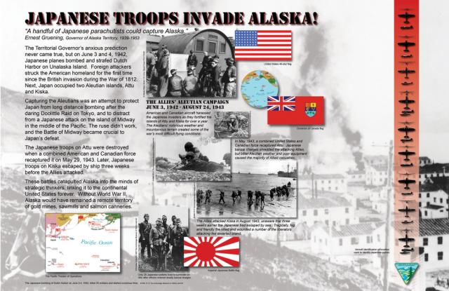 Illustration panel of Japanese and U.S. troops in Alaska.