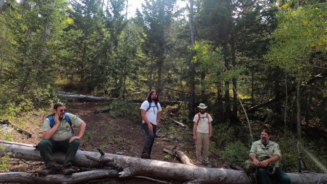 BLM and USFS staff resting on a trail in Bears Ears National Monument. Two are sitting on a large log, two more are standing.