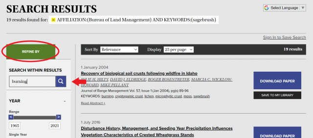 Screenshot of a BioOne results page with the "Refine" header circled in red on the left side of the page.