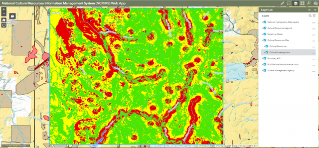 NCRIMS modeling uses colors to differentiate between areas with a high likelihood of having significant cultural resources and less culturally sensitive regions.