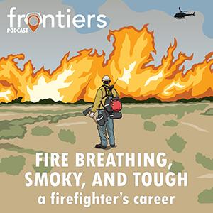 Illustration of firefighter in front of fire