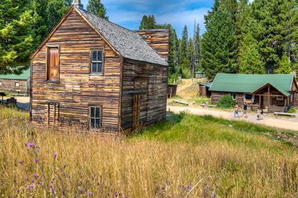 Two cabins at Garnet Ghost Town. Tall weeds in the foreground.