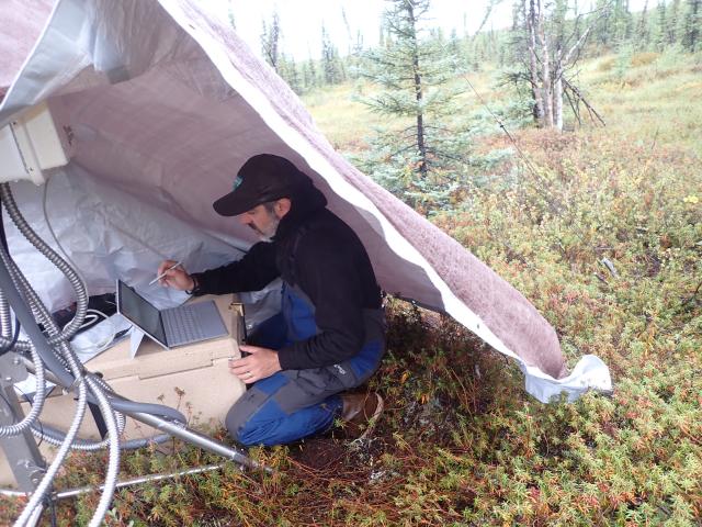 Man using a computer under a rain shelter