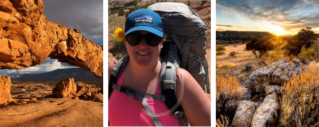 Grand Staircase-Escalante National Monument. The sun lends a golden hue to John Wesley Powell National Conservation Area. A smiling woman wearing a baseball cap and a flower above her ear while hiking in the desert.