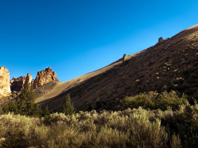 A smooth hillside ends with craggy stone in the distance. 