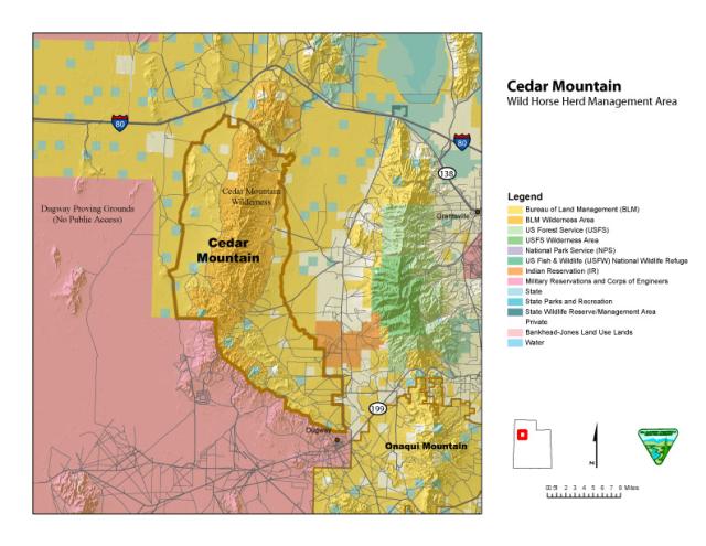 Cedar Mountain Wild Horse Herd Management Area Map that features Cedar Mountain and Onaqui Mountain near the I-80 Highway in Utah. 