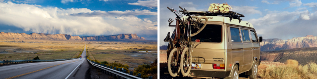 Two photos with a van that has a bike rack on the back and an image of a highway with a vast desert landscape in the background. 