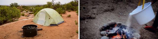 Two images of a campsite with a fire pit and a campfire with a bucket pouring water over the fire.  