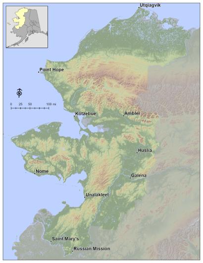 Map showing communities within the Galena Management Zone that covers western Alaska.