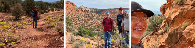 Collage of project photos with a volunteer walking along on a trail, three volunteers with a scenic desert landscape behind them, and a BLM employee smiling while on the Mansard Trail. 