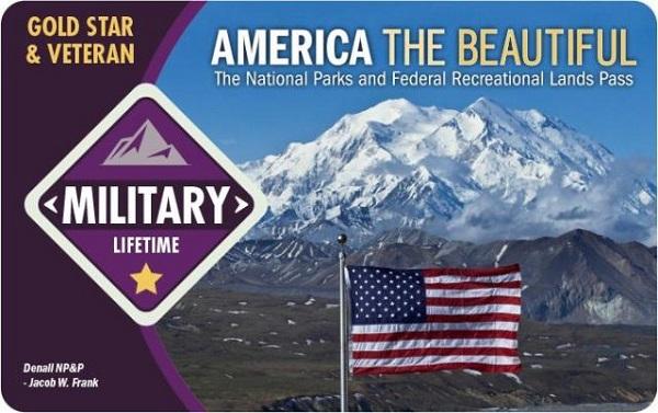 the veterans pass: An American flag is on it with snowy mountains in the background. 