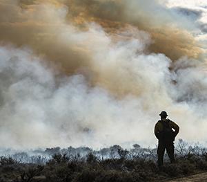 Silhouette of a man standing in front of a lot of smoke.