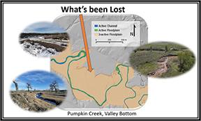 Square map with three oval photos of a creek in summer, winter, and fall overlapping on the sides of the map. 