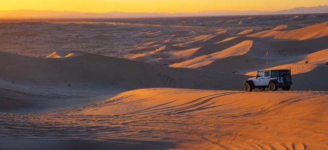 BLM ranger on a sand dune at sunset.