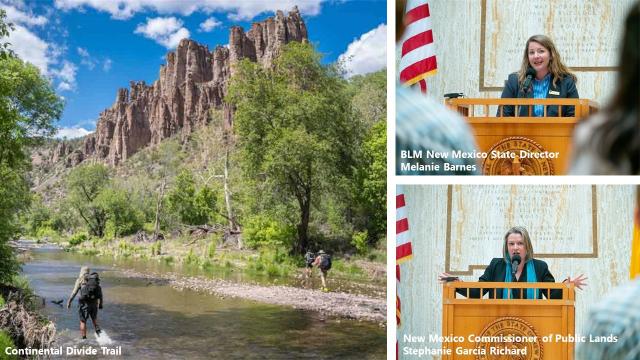 A collage of photos feature the Continental Divide Trail,  BLM New Mexico State Director Melanie Barnes and New Mexico Commissioner of Public Lands Stephanie Garcia Richard.