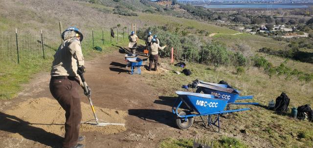 A crew repairs a trail  on a hill