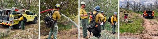 A collage of photos with a firefighter pulling out tools from a fire engine, a firefighter spraying water on the ground, a group of firefighters discussing the scenarios with an instructor, and a member of the media filming a fire engine driving up a driving up a dirt road.