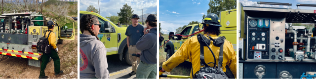 A collage of a firefighter walking on the side a fire engine, a group of firefighters discussing the engine inspections with an instructor, a firefighter walking near a fire engine, and a close up of the fire engine dials and gauges. 