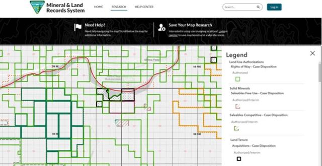 Screen shot of MLRS Research map interface with zoomed in map and legend and layers panel to the left.