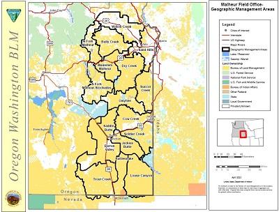 map showing geographic management area boundaries in Malheur Field Office