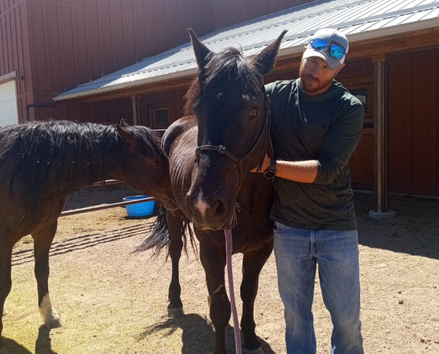 A man stands beside a horse. 