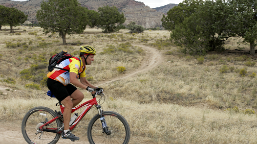 A man riding a bike. 