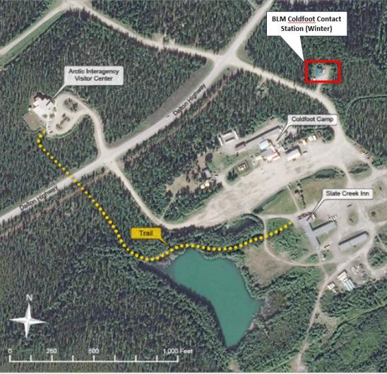 A map of Coldfoot Alaska with the Coldfoot Contact Station highlighted, based on satellite imagery