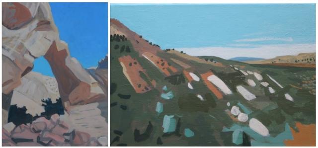 Artwork is shared with permission from the artist. Rights reserved by Shelley Hull. Caption: Two paintings of desert landscapes with blue sky and minimal clouds visible. The painting on the left depicts an arch while the painting on the right depicts a landscape with vegetation. 