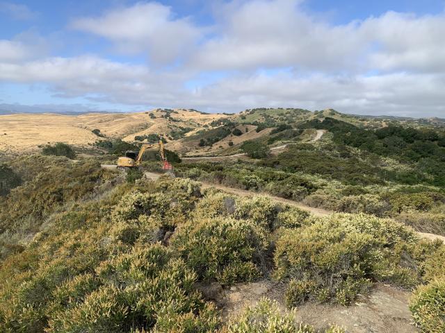 an excavator cuts a line atop a brush covered hill.