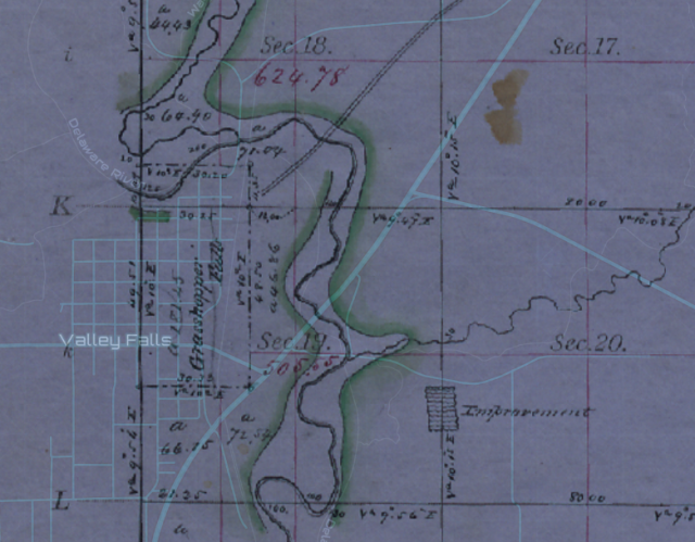 A plat from the 1800s that includes the location of the town of Grasshopper Falls, Kansas