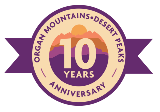 A logo from the Organ Mountain Desert-Peaks friend group celebrating the tenth anniversary of the monument designation. 