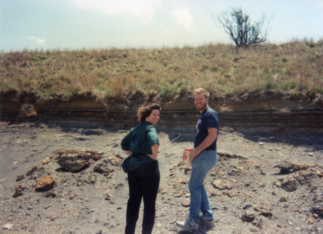 Cami (left) and Greg (right) pause to look at an outcrop of Greenhorn Limestone in central Kansas around 1990.