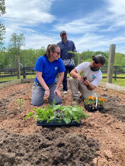 3 BLM Rangers are seen in a community garden, smiling as they plant vegetables. 