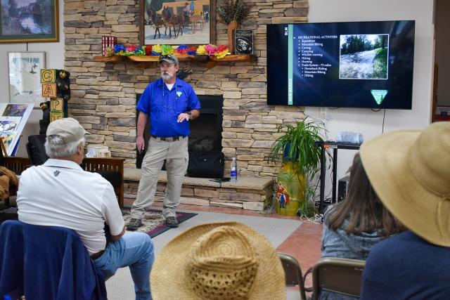 Knutt Peterson, a cave specialist with the Bureau of Land Management Roswell Field Office, gives a talk about Fort Stanton Cave at the Capitan Public Library, Capitan, N.M., May 4, during the village’s Smokey Bear Days.