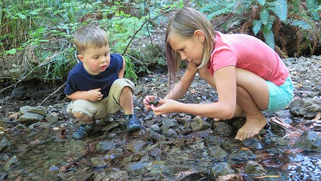 Two children examining rocks by a stream