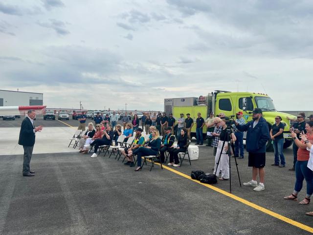 Wyoming Senator John Barrasso addresses attendees of the Casper Airtanker Base grand opening. 