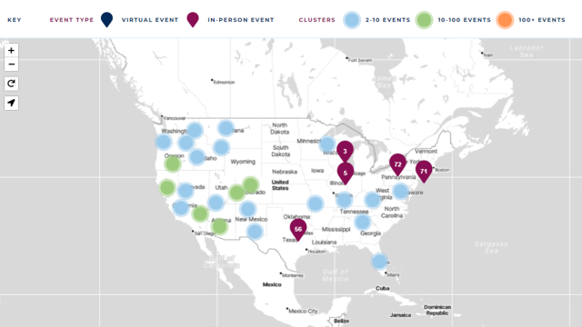 A digital map of the Unites States with locations pinpointed. 