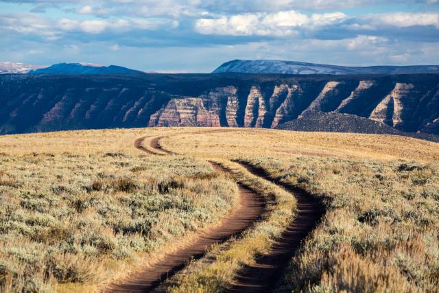 Tire track ruts across a flat landscape going towards a mountain.