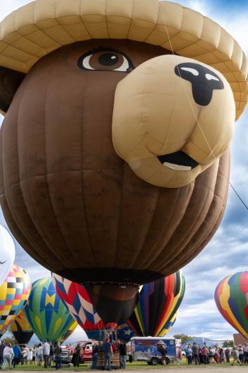 An inflated Smokey Bear hot air balloon floats in the sky.